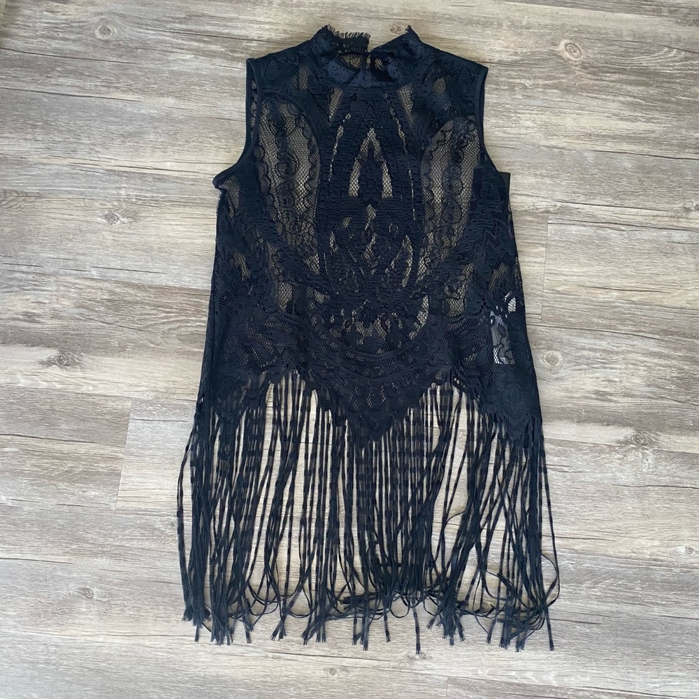 Zara Black Lace Top With Tassels NWT XS